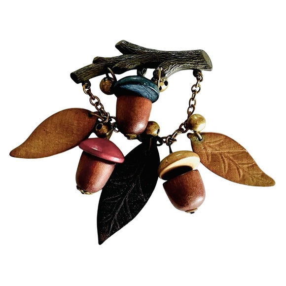Vintage Mid-Century Branch Brooch With Carved Leaves Acorns And Metal Beads